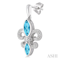8x4&6x3 MM Marquise Cut Blue Topaz and 1/20 Ctw Round Cut Diamond Fleur De Lis Earrings in Sterling Silver