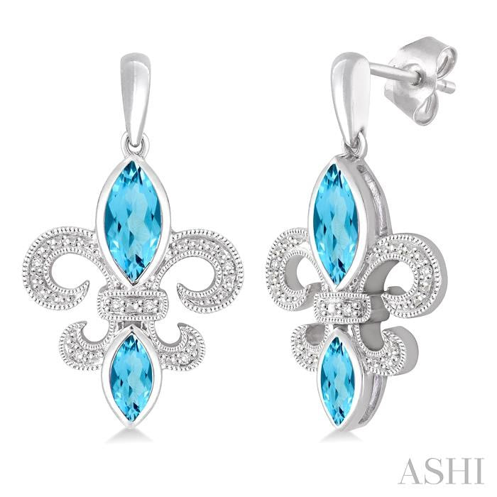 8x4&6x3 MM Marquise Cut Blue Topaz and 1/20 Ctw Round Cut Diamond Fleur De Lis Earrings in Sterling Silver