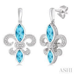 8x4&6x3 MM Marquise Cut Blue Topaz and 1/20 Ctw Round Cut Diamond Fleur De Lis Earrings in Sterling Silver