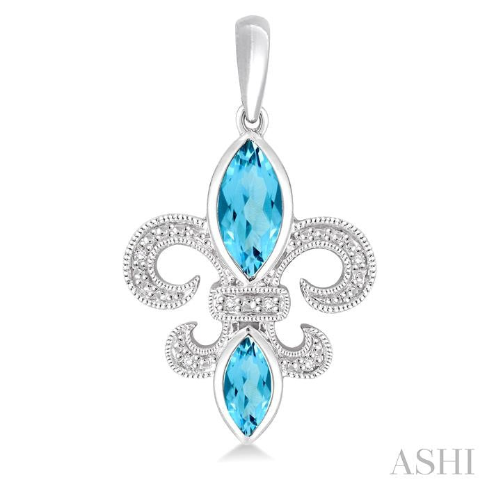 8x4&6x3 MM Marquise Cut Blue Topaz and 1/20 Ctw Round Cut Diamond Fleur De Lis Earrings in Sterling Silver