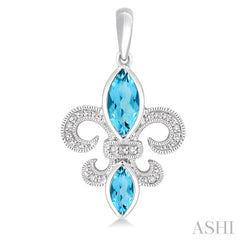 8x4&6x3 MM Marquise Cut Blue Topaz and 1/20 Ctw Round Cut Diamond Fleur De Lis Earrings in Sterling Silver