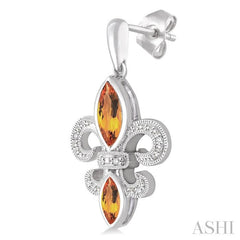 8x4 MM Marquise Cut Citrine, 6x3 MM Marquise Cut Citrine and 1/20 Ctw Round Cut Diamond Fleur De Lis Earrings in Sterling Silver