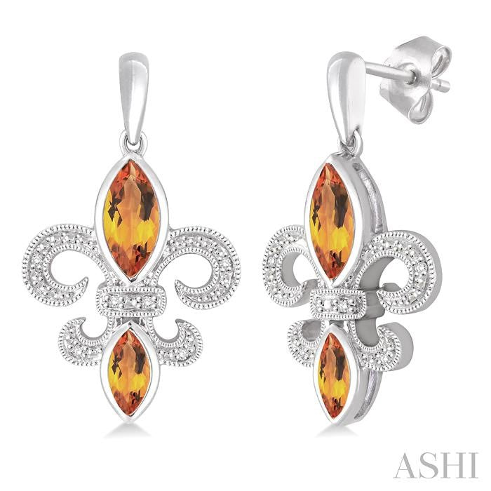 8x4 MM Marquise Cut Citrine, 6x3 MM Marquise Cut Citrine and 1/20 Ctw Round Cut Diamond Fleur De Lis Earrings in Sterling Silver
