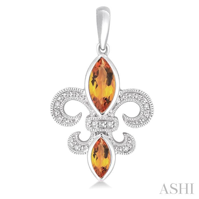 8x4 MM Marquise Cut Citrine, 6x3 MM Marquise Cut Citrine and 1/20 Ctw Round Cut Diamond Fleur De Lis Earrings in Sterling Silver