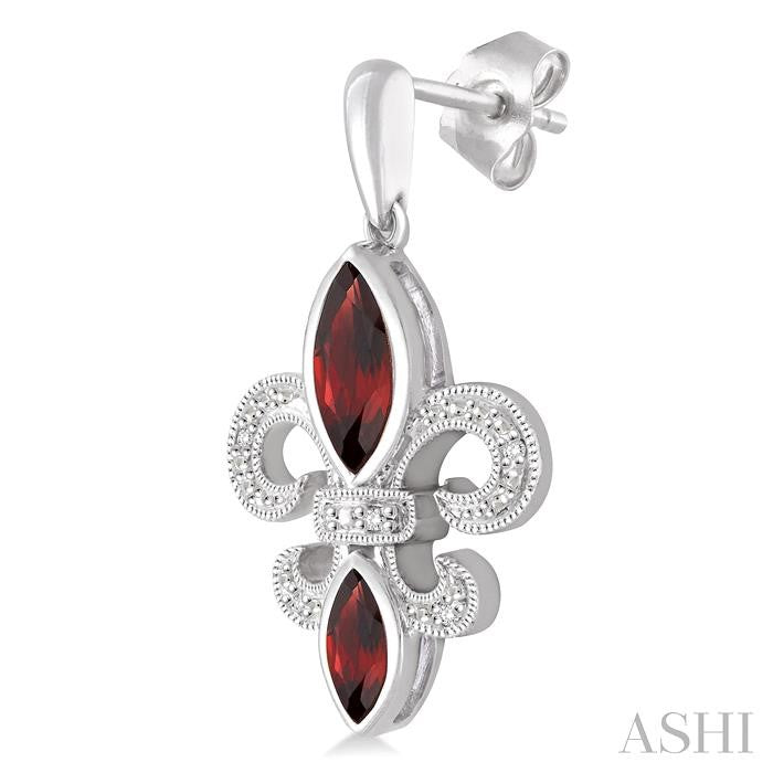 8x4&6x3 MM Marquise Cut Garnet and 1/20 Ctw Round Cut Diamond Fleur De Lis Earrings in Sterling Silver