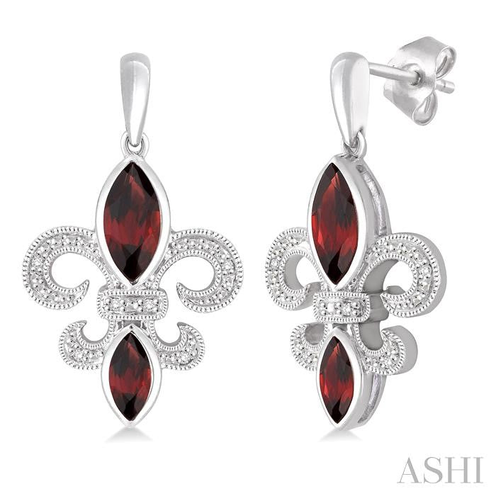 8x4&6x3 MM Marquise Cut Garnet and 1/20 Ctw Round Cut Diamond Fleur De Lis Earrings in Sterling Silver