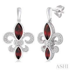 8x4&6x3 MM Marquise Cut Garnet and 1/20 Ctw Round Cut Diamond Fleur De Lis Earrings in Sterling Silver