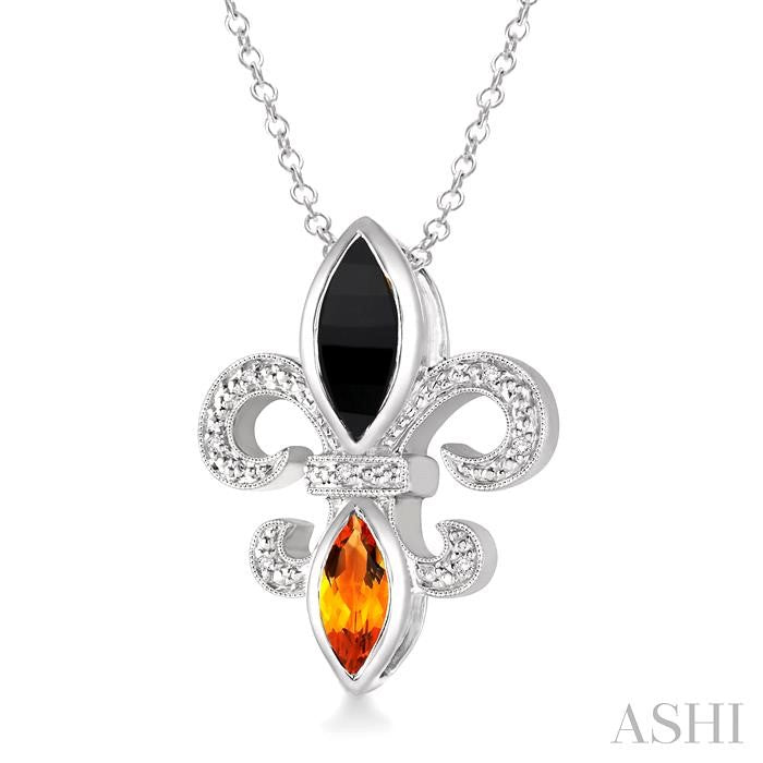 10x5 & 8x4 MM Marquise cut Onyx and Citrine and 1/50 Ctw Round Cut Diamond Fleur De Lis Pendant in Sterling Silver with Chain