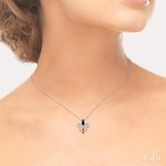 10x5 & 8x4 MM Marquise cut Onyx and Citrine and 1/50 Ctw Round Cut Diamond Fleur De Lis Pendant in Sterling Silver with Chain