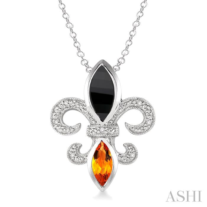 10x5 & 8x4 MM Marquise cut Onyx and Citrine and 1/50 Ctw Round Cut Diamond Fleur De Lis Pendant in Sterling Silver with Chain