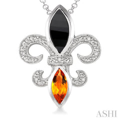 10x5 & 8x4 MM Marquise cut Onyx and Citrine and 1/50 Ctw Round Cut Diamond Fleur De Lis Pendant in Sterling Silver with Chain