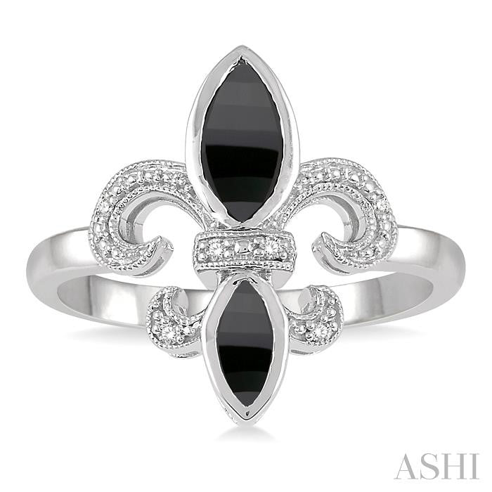 8x4 MM & 6X3 MM Marquise Cut Onyx and 1/50 Ctw Round Cut Diamond Fleur De Lis Ring in Sterling Silver