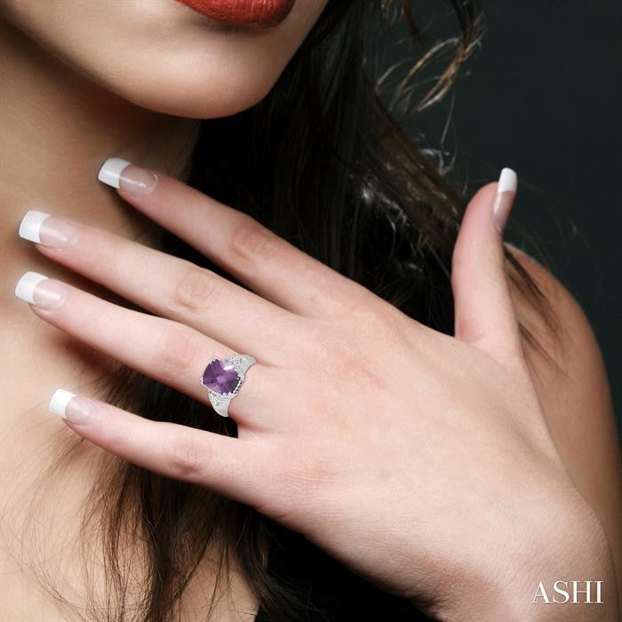 12x10 MM Cushion Shape Amethyst and 1/20 Ctw Round Cut Diamond Ring in Sterling Silver