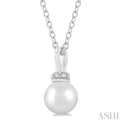 6 MM Round Shape Cultured Pearl and 1/20 Ctw Petite Round Cut Diamond Crown Fashion Pendant With Chain in 10K White Gold