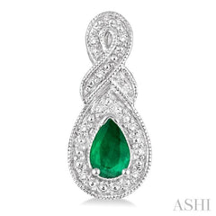 5x3 MM Pear Shape Emerald and 1/20 Ctw Round Cut Diamond Earrings in Sterling Silver