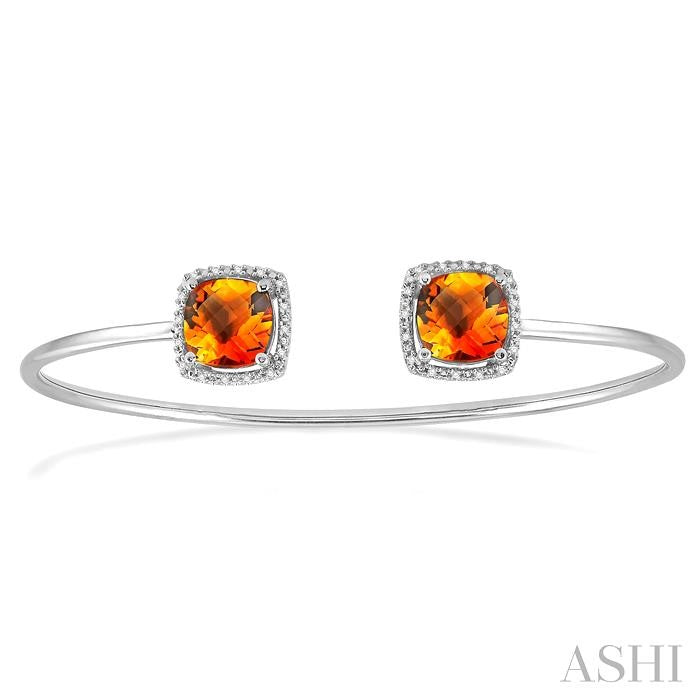 8x8 MM Cushion Shape Citrine and 1/10 Ctw Round Cut Diamond Bangle in Sterling Silver