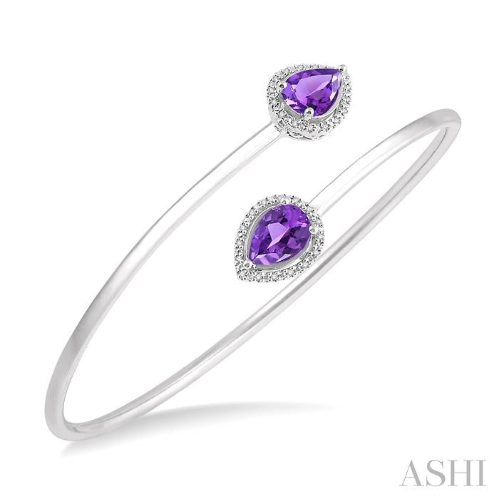 9x6 MM Pear Shape Amethyst and 1/10 Ctw Round Cut Diamond Bangle in Sterling Silver
