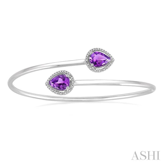 9x6 MM Pear Shape Amethyst and 1/10 Ctw Round Cut Diamond Bangle in Sterling Silver