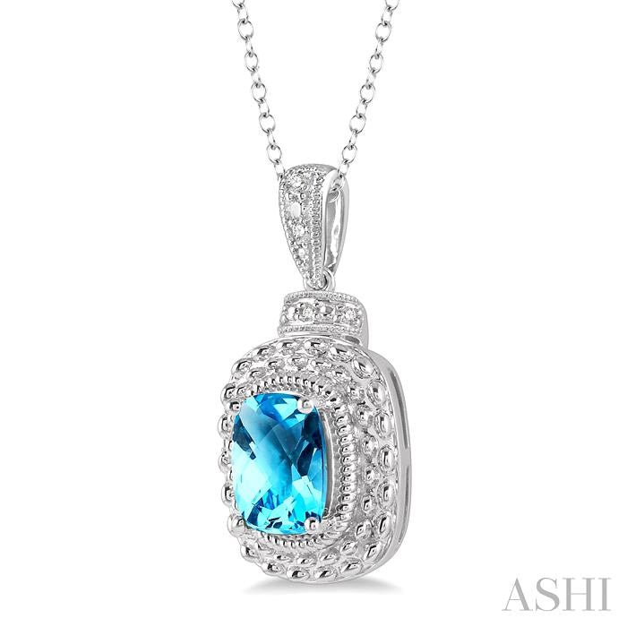 8x6 MM Cushion Shape Blue Topaz and 1/50 Ctw Round Cut Diamond Semi-Precious Pendant With Chain in Sterling Silver