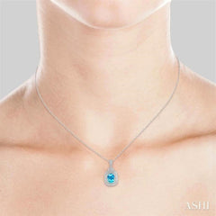 8x6 MM Cushion Shape Blue Topaz and 1/50 Ctw Round Cut Diamond Semi-Precious Pendant With Chain in Sterling Silver
