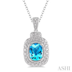 8x6 MM Cushion Shape Blue Topaz and 1/50 Ctw Round Cut Diamond Semi-Precious Pendant With Chain in Sterling Silver