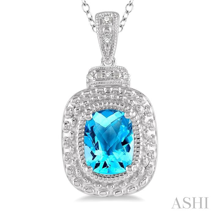 8x6 MM Cushion Shape Blue Topaz and 1/50 Ctw Round Cut Diamond Semi-Precious Pendant With Chain in Sterling Silver