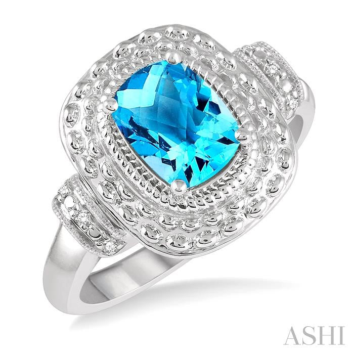 8x6 MM Cushion Shape Blue Topaz and 1/50 Ctw Round Cut Diamond Semi-Precious Ring in Sterling Silver