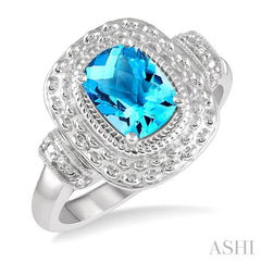 8x6 MM Cushion Shape Blue Topaz and 1/50 Ctw Round Cut Diamond Semi-Precious Ring in Sterling Silver