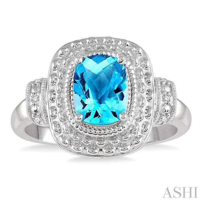 8x6 MM Cushion Shape Blue Topaz and 1/50 Ctw Round Cut Diamond Semi-Precious Ring in Sterling Silver