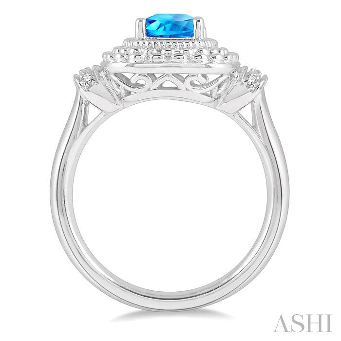 8x6 MM Cushion Shape Blue Topaz and 1/50 Ctw Round Cut Diamond Semi-Precious Ring in Sterling Silver