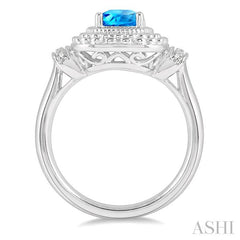 8x6 MM Cushion Shape Blue Topaz and 1/50 Ctw Round Cut Diamond Semi-Precious Ring in Sterling Silver