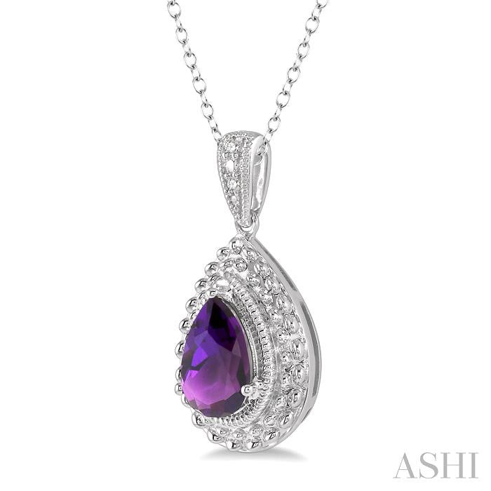 9x6 MM Pear Shape Amethyst and 1/50 Ctw Round Cut Diamond Semi-Precious Pendant With Chain in Sterling Silver