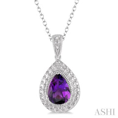 9x6 MM Pear Shape Amethyst and 1/50 Ctw Round Cut Diamond Semi-Precious Pendant With Chain in Sterling Silver