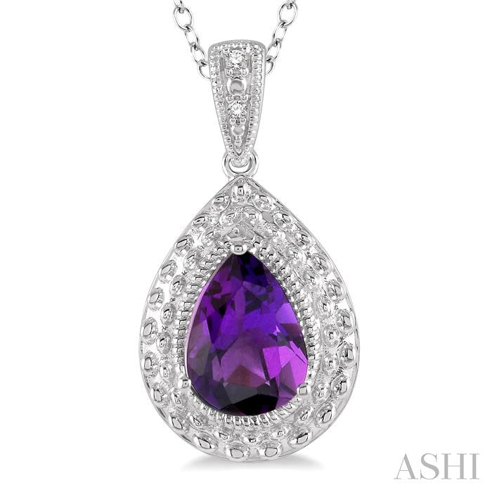 9x6 MM Pear Shape Amethyst and 1/50 Ctw Round Cut Diamond Semi-Precious Pendant With Chain in Sterling Silver