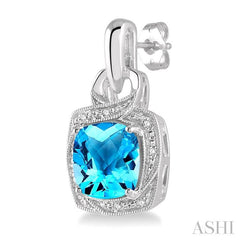 8x8 MM Cushion Shape Blue Topaz and 1/20 Ctw Round Cut Diamond Semi-Precious Earring in Sterling Silver
