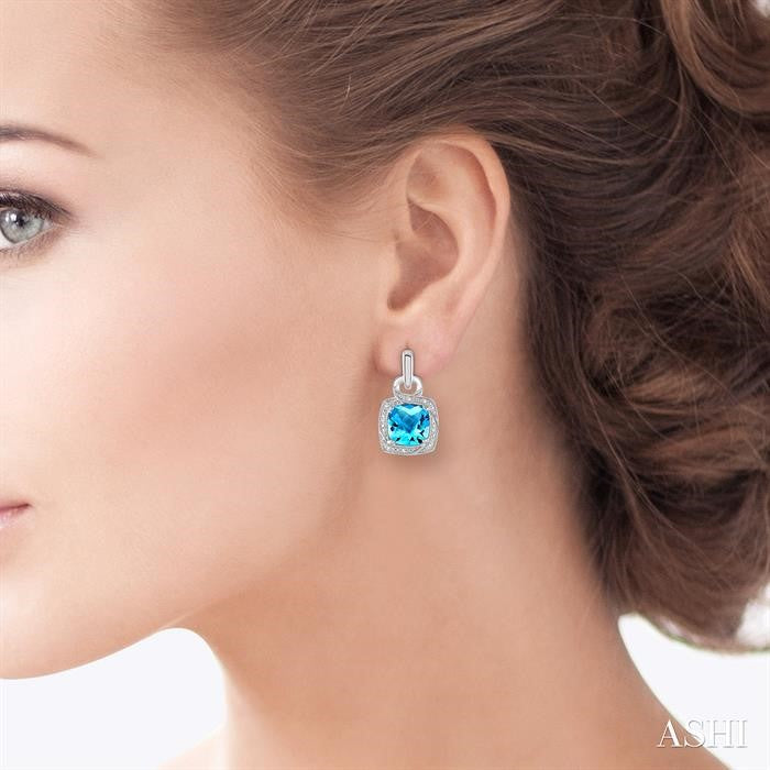 8x8 MM Cushion Shape Blue Topaz and 1/20 Ctw Round Cut Diamond Semi-Precious Earring in Sterling Silver