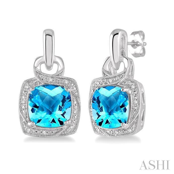 8x8 MM Cushion Shape Blue Topaz and 1/20 Ctw Round Cut Diamond Semi-Precious Earring in Sterling Silver