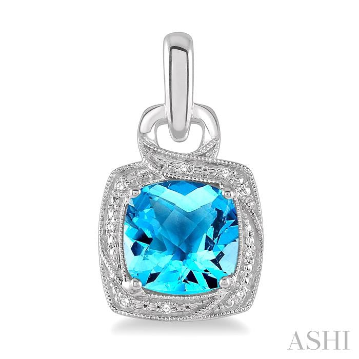 8x8 MM Cushion Shape Blue Topaz and 1/20 Ctw Round Cut Diamond Semi-Precious Earring in Sterling Silver