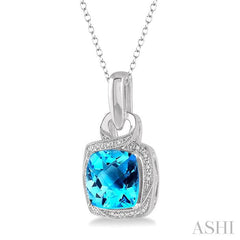 10x10 MM Cushion Shape Blue Topaz and 1/20 Ctw Round Cut Diamond Semi-Precious Pendant With Chain in Sterling Silver