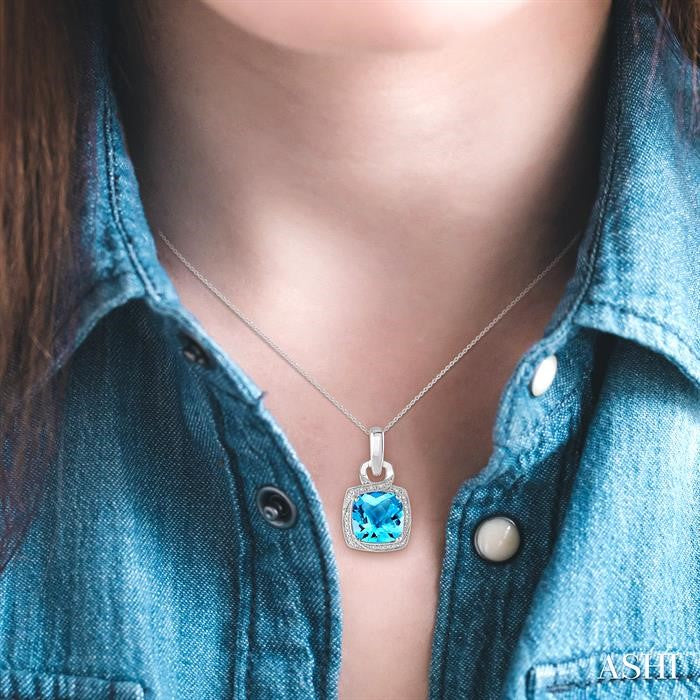 10x10 MM Cushion Shape Blue Topaz and 1/20 Ctw Round Cut Diamond Semi-Precious Pendant With Chain in Sterling Silver
