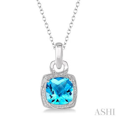 10x10 MM Cushion Shape Blue Topaz and 1/20 Ctw Round Cut Diamond Semi-Precious Pendant With Chain in Sterling Silver