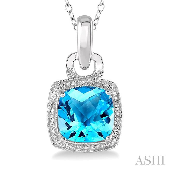 10x10 MM Cushion Shape Blue Topaz and 1/20 Ctw Round Cut Diamond Semi-Precious Pendant With Chain in Sterling Silver