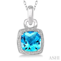 10x10 MM Cushion Shape Blue Topaz and 1/20 Ctw Round Cut Diamond Semi-Precious Pendant With Chain in Sterling Silver