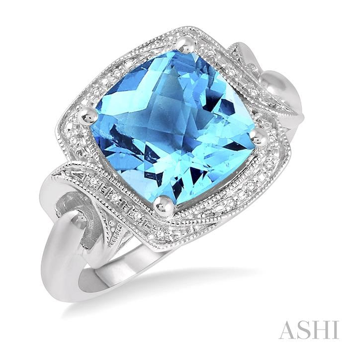10x10 MM Cushion Shape Blue Topaz and 1/20 Ctw Round Cut Diamond Semi-Precious Ring in Sterling Silver