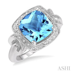 10x10 MM Cushion Shape Blue Topaz and 1/20 Ctw Round Cut Diamond Semi-Precious Ring in Sterling Silver