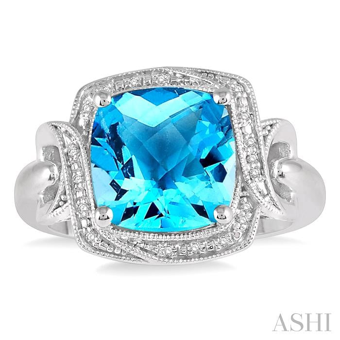 10x10 MM Cushion Shape Blue Topaz and 1/20 Ctw Round Cut Diamond Semi-Precious Ring in Sterling Silver