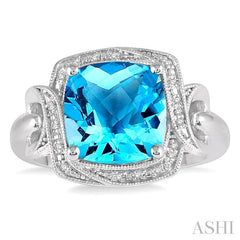 10x10 MM Cushion Shape Blue Topaz and 1/20 Ctw Round Cut Diamond Semi-Precious Ring in Sterling Silver