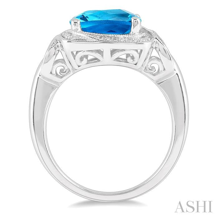 10x10 MM Cushion Shape Blue Topaz and 1/20 Ctw Round Cut Diamond Semi-Precious Ring in Sterling Silver