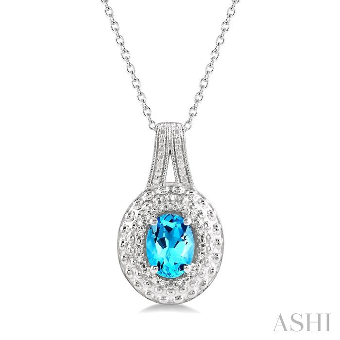 8x6 MM Oval Cut Blue Topaz and 1/20 Ctw Round Cut Diamond Semi-Precious Pendant With Chain in Sterling Silver