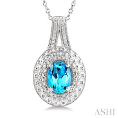 8x6 MM Oval Cut Blue Topaz and 1/20 Ctw Round Cut Diamond Semi-Precious Pendant With Chain in Sterling Silver